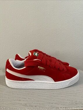 Puma Kids Red Suede Sneakers with White Stripe